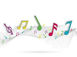 Colorful Music Notes And Abstract Wave Lines On White Background. vector