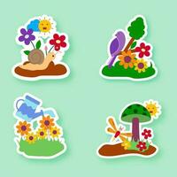 Sticker Style Floral Or Spring Set On Green Background. vector