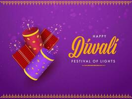 Happy Diwali Festival Of Lights Concept With 3D Firecrackers On Purple Bokeh Blur Background. vector