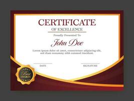 Certificate Of Excellence Template Design In Red And White Color. vector