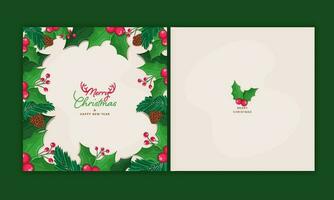 alegre Navidad y nuevo año saludo tarjeta decorado con acebo bayas, abeto hojas, pino conos en frente y espalda lado. vector