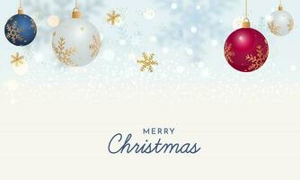 Merry Christmas Concept With 3D Baubles Hang And Golden Snowflakes On White Bokeh Background. vector