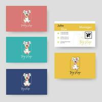 Different color business card or horizontal template design with cartoon dog for Toy Shop. vector