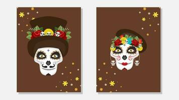 Illustration of sugar skull or calaveras and catrina skull on brown background decorated with flowers in two option. vector