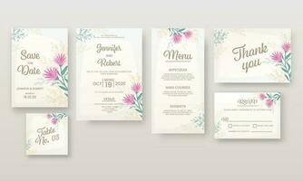 Wedding Invitation or Template Layout Like As Save The Date, Venue, Menu, Table No, Thank You and RSVP Card. vector