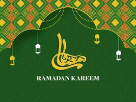 Arabic Calligraphy Of Yellow Ramadan Kareem With Lanterns Hang On Green Arabic Pattern Background. vector