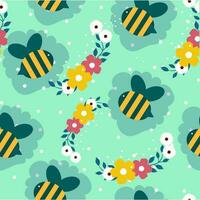 Turquoise Background Decorated With Floral And Bee Illustration. vector