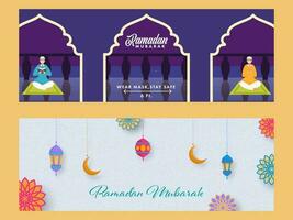 Ramadan Mubarak Header Or Banner Set With Crescent Moon, Lanterns Hang And Muslim Men Wear Safety Mask In Praying Pose On Blue Background. vector