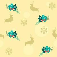 Yellow Seamless Pattern Background With Silhouette Reindeer, Snowflakes, Berries And Leaves. vector