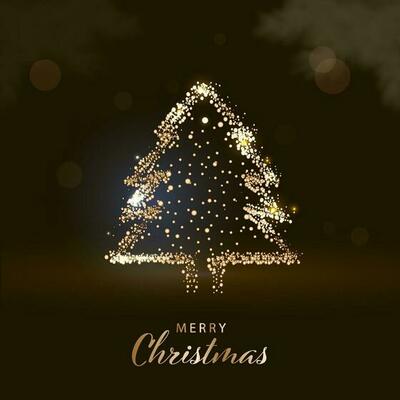 Merry Christmas Font With Xmas Tree Made By Golden Particles On Brown Background.
