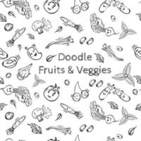 Black doodle style fruit and veggies background. vector