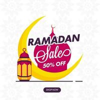 Ramadan Sale Poster Design With Discount Offer, Crescent Moon, Mosque And Lantern On White Islamic Pattern Background. vector