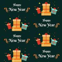 Seamless Pattern Of Happy New Year Font With Gift Boxes And Confetti On Green Background. vector