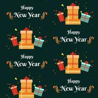 Seamless Pattern Of Happy New Year Font With Gift Boxes And Confetti On Green Background. vector