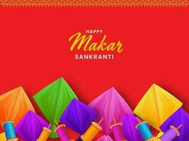 contento makar sankranti concepto con vistoso origami papel cometas y realista cuerda carretes decorado en rojo antecedentes. vector