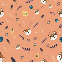 Seamless Pattern Of Cartoon Animal Face, Leaves And Feathers In Boho Style vector