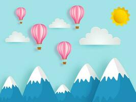 Paper cut style landscape background with hot air balloon, clouds and sun. vector