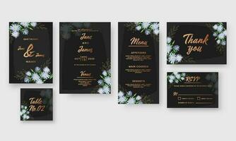 Boda invitación tarjetas conjunto decorado con margarita flores en negro y bronce color. vector
