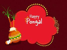 Happy Pongal Celebration Concept With Traditional Dish In Mud Pot, Sugarcane, Coconut On Red Swirl Pattern Background. vector