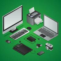 3D illustration of Graphic designing electronic objects like as computer with laptop, printer, graphic tablet, and camera on green background. vector