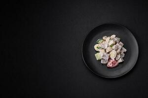 Delicious salad with boiled beef tongue, quail eggs, tomatoes and cucumber photo