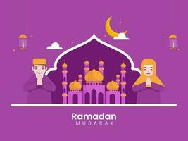Muslim Man And Woman Doing Namaste With Mosque Illustration, Crescent Moon, Lit Lanterns Hang On Purple Background For Ramadan Mubarak Concept. vector