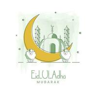 Doodle Style Illustration Of Crescent Moon With Mosque And Two Cartoon Sheep On White Background For Eid-Al-Adha Mubarak. vector