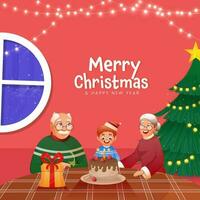alegre joven chico y su abuelos celebrando con delicioso pastel en rojo antecedentes para alegre Navidad y nuevo año. vector