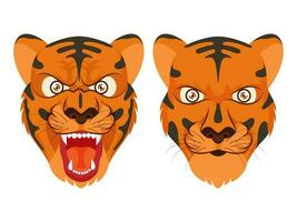 Tiger Face Character In Two Expression On White Background. vector