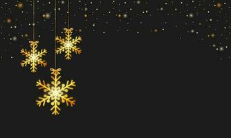 Shiny Golden Snowflakes Hang And Particles On Black Background With Copy Space. vector