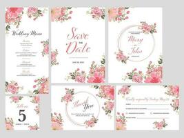 Beautiful Floral Wedding Invitation, Save The Date, Menu, Table Number, Thank You and RSVP Card. vector