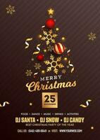 Merry Christmas Party Flyer Design with Creative Xmas Tree Made by Realistic Baubles, Golden Stars and Snowflakes on Brown Strip Background. vector