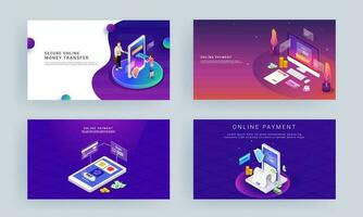 Online payment app in smartphone and computer, secure money transfer or money conversion from card to cash. Landing page design set. vector