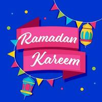 Ramadan Kareem Message Ribbon With Arabic Lanterns And Bunting Flags Decorated On Blue Background. vector