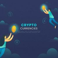 Crypto Currencies Concept With Cartoon Young Man And Woman Catching Golden Bitcoin On Blue Background. vector