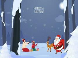 Merry Christmas Concept With Cute Santa Claus, Reindeer, Cartoon Kids Character On Winter Nature Background. vector