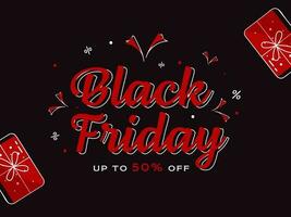 Black Friday Sale Poster Design With Discount Offer And Top View Gift Boxes On Brown Background. vector