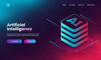 Artificial Intelligence AI concept based landing page design with 3d AI web server on digital circuit background. vector