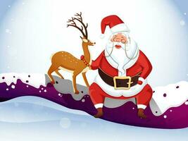 Cute santa claus holding reindeer sitting on tree branch with snowfall background. vector