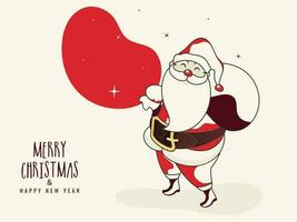 plano estilo saludo tarjeta diseño con ilustración de Papa Noel claus levantamiento un bolso en blanco antecedentes para alegre Navidad y contento nuevo año celebracion. vector
