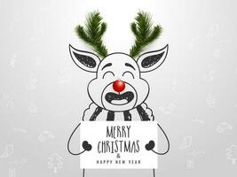 Sketching cartoon character of reindeer holding message card of Merry Christmas and Happy New Year with pine leaves and festival element pattern on white background. vector