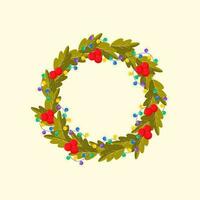 Empty Circular Frame Made By Holly Berries With Lighting Garland On Pastel Yellow Background. vector