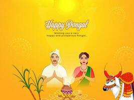 Happy Pongal Wishes With South Indian Couple Doing Namaste, Traditional Dish Cooking At Bonfire, Ox Character And Sugarcane On Yellow Sun Background. vector