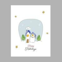 Happy Holidays Greeting Card With Doodle Style Houses, Xmas Tree On White Background. vector