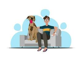 Cartoon Happy Guy With Dog Sitting On Sofa. vector