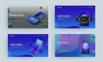 Landing page or hero shots set with gadgets like as smartphone, voice assistant, tablets, and smart watch on abstract background. vector