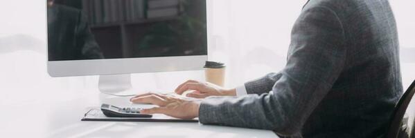 Document Businessman working modern computer Document Management System, Virtual online documentation database and process automation to efficiently manage files, photo