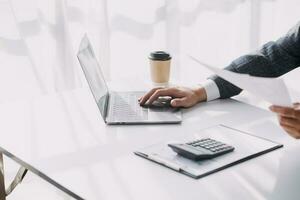 Document Businessman working modern computer Document Management System, Virtual online documentation database and process automation to efficiently manage files, photo