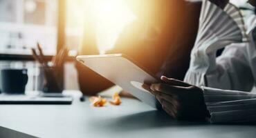 Financial Business team present. Business man hands hold documents with financial statistic stock photo, discussion, and analysis report data the charts and graphs. Finance Financial concept photo