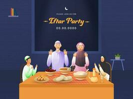 Muslim Family Praying Before Iftar Dinner During Ramadan Feast At Home. Can Be Used As Invitation Card. vector